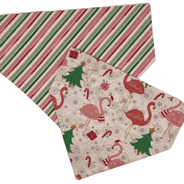 christmas flamingo/peppermint reversible over the collar bandana