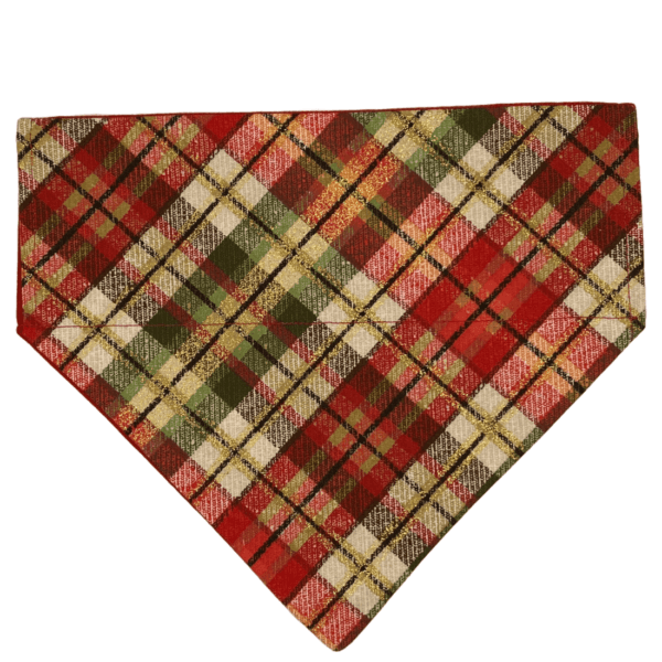 red, green, and gold plaid over the collar bandana