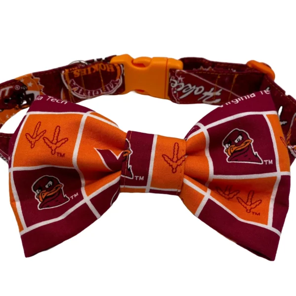 The Virginia Tech Dog Collar is a colorful accessory featuring maroon and orange squares, turkey faces, and a VT logo. It includes a plastic orange buckle and showcases the universitys team colors and mascots.