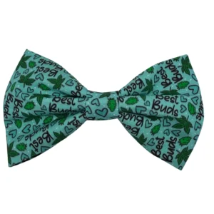 The 420 Best Buds Blue Dog Bowtie features a teal backdrop with dark green cannabis leaves, small hearts, and Best Buds in black script—ideal for those who love a playful and unique style.