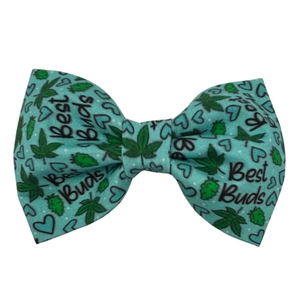 This mint green bow tie for your furry friend features 420 Best Buds text, green cannabis leaf illustrations, and black outlined hearts. Perfect for stylish pups, the 420 Best Buds Blue Dog Bowtie makes a bold statement.