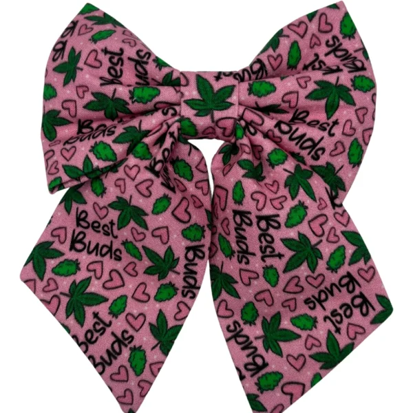 The 420 Best Buds Pink Sailor Bowtie features black 420 Best Buds text with green marijuana leaf motifs and small pink hearts throughout the fabric.