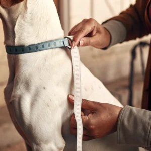 A person is meticulously using a measuring tape to create a sizing guide for the white dog, adorned with a blue collar. Capturing the side profile, they focus intently on precision while the softly blurred background adds a gentle ambiance.