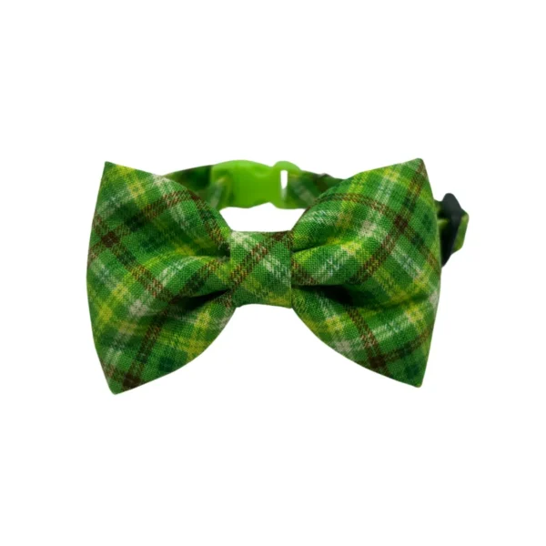 Featuring shades of dark green and yellow, the Irish Plaid Bowtie Adjustable Collar is perfect for little dogs or cats. It comes with an adjustable strap for a comfortable fit, adding charm against a plain white background.