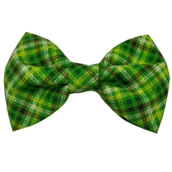 The Irish Plaid Doggy Bowtie, featuring a green and yellow plaid design on white, adds charm to any outfit and gives your furry friend a stylish flair.