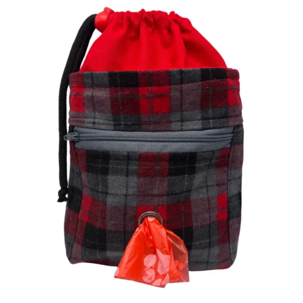 red and gray plaid doggy training bag