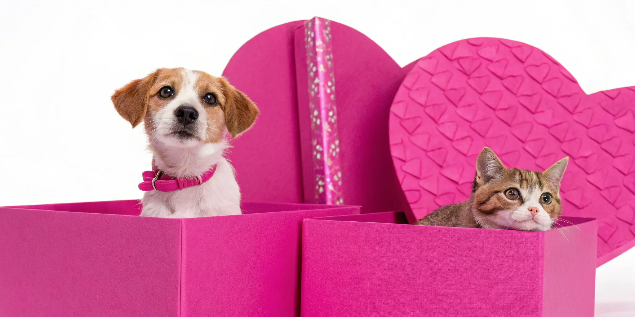 A puppy in a pink box with a pink collar looks forward, while a tabby kitten peeks out from another pink box. A heart-shaped lid, reminiscent of our return policys attention to detail, leans in the background against a white backdrop.